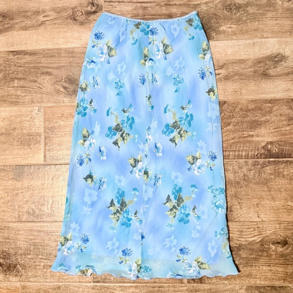 Jonathan Martin Studio Womens 90s Floral Lettuce-Hem Mesh Midi Skirt, Blue,M